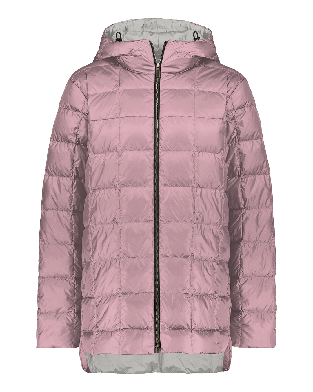 A light pink light down coat with a gray hood 