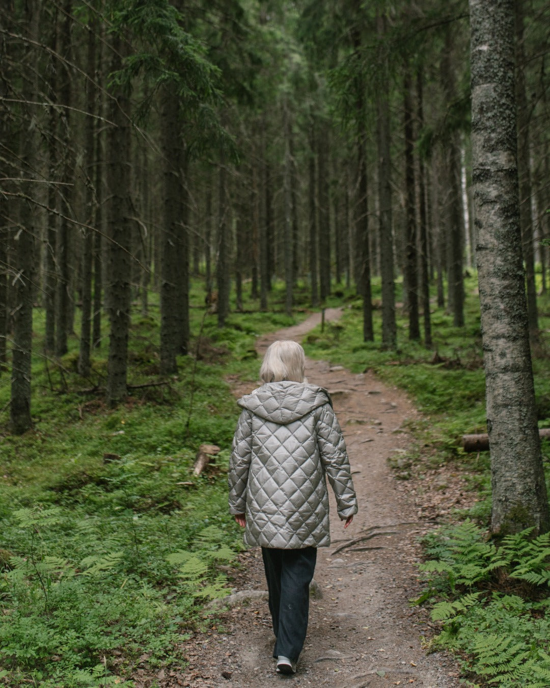 A person viewed from behind walking on a forest path, wearing a silver (color: Champagne) quilted light down coat and dark pants.