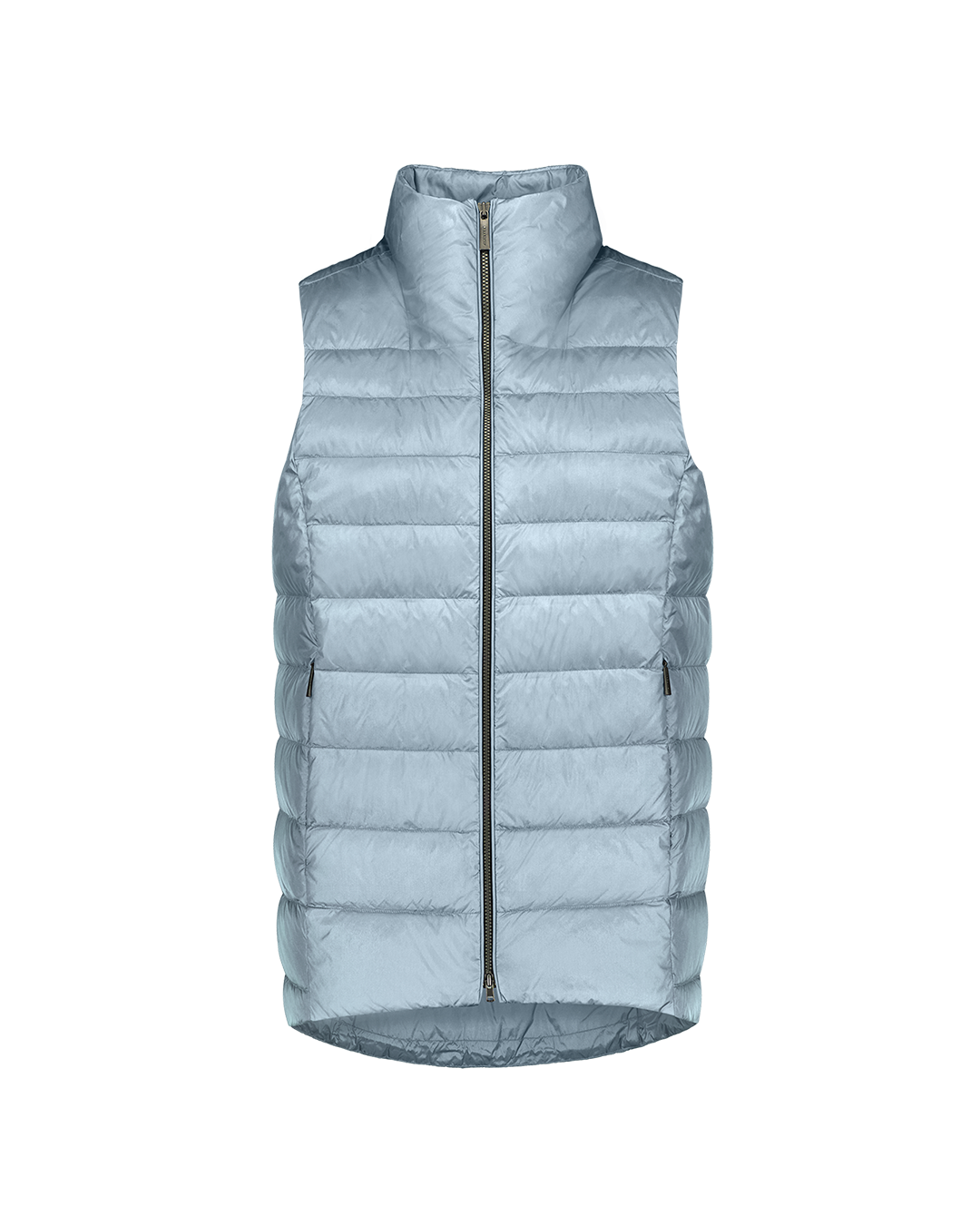 Light blue (color: Blue Bell) Lady down vest with horizontal quilting, a high stand-up collar, and zippered side pockets. The model is slightly longer at the back.