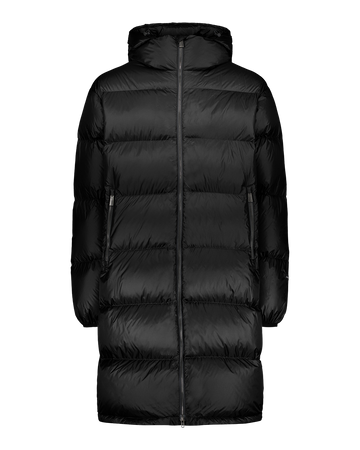 Charcoal black Knut down coat with wide horizontal quilting and a straight, mid-calf length design. The coat features a hood, a full-length front zipper, and zippered side pockets.