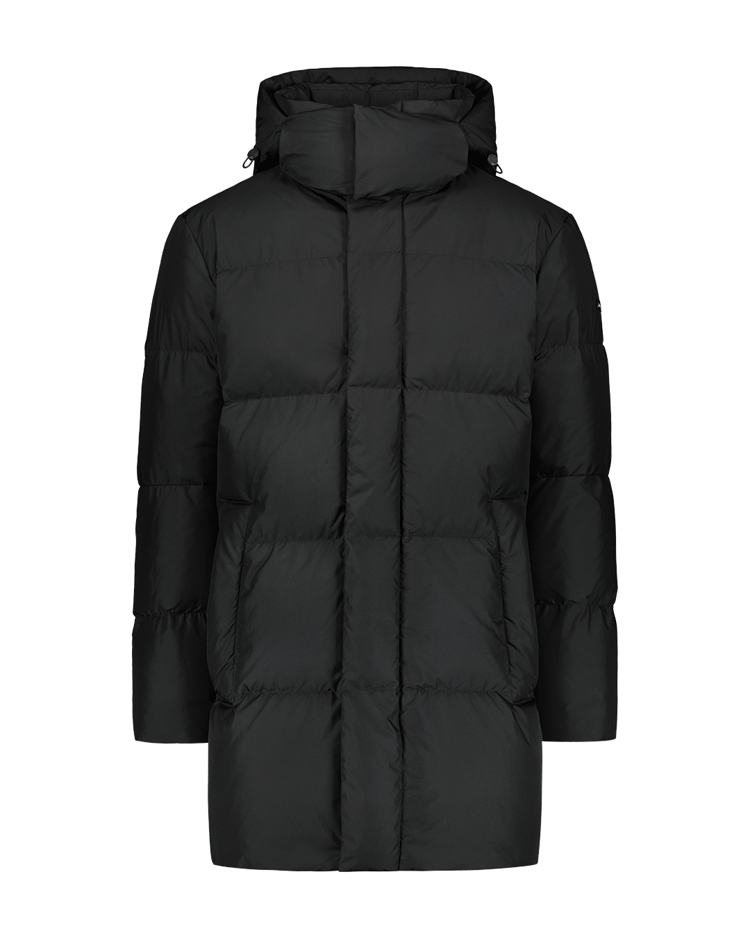 A black (color: Licorice) Koski down coat with square quilting and a straight mid-thigh length design. The coat features a high padded collar, an attached hood, and a covered front zipper.