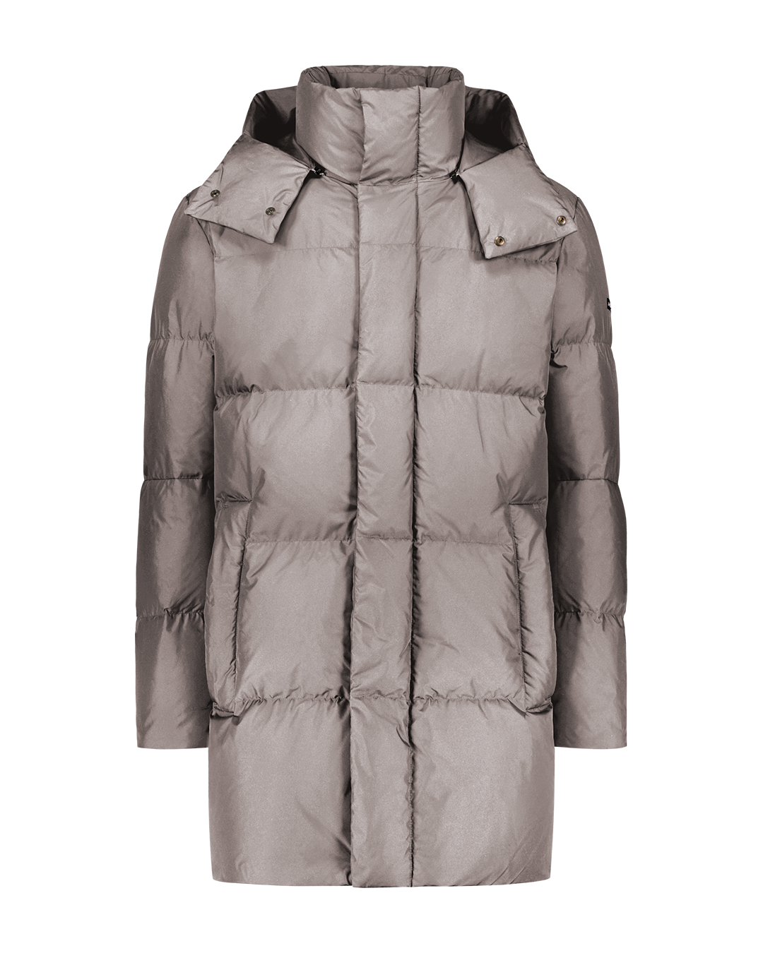A light (color: Sand dune) Knut down coat with wide horizontal quilting and a straight, mid-calf length design. The coat features a hood, a full-length front zipper, and zippered side pockets.