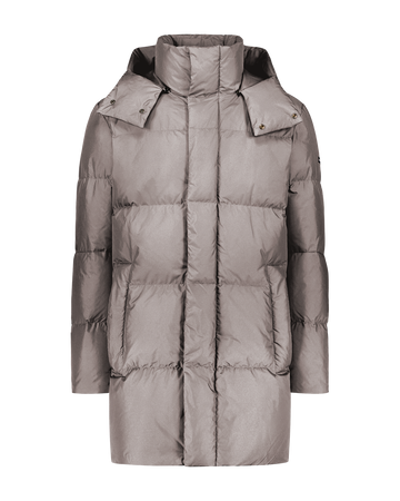 A light (color: Sand dune) Knut down coat with wide horizontal quilting and a straight, mid-calf length design. The coat features a hood, a full-length front zipper, and zippered side pockets.